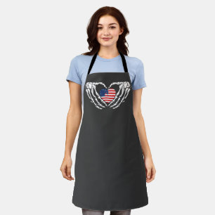 Patriotic Skeleton Heart America Flag Halloween pa Apron