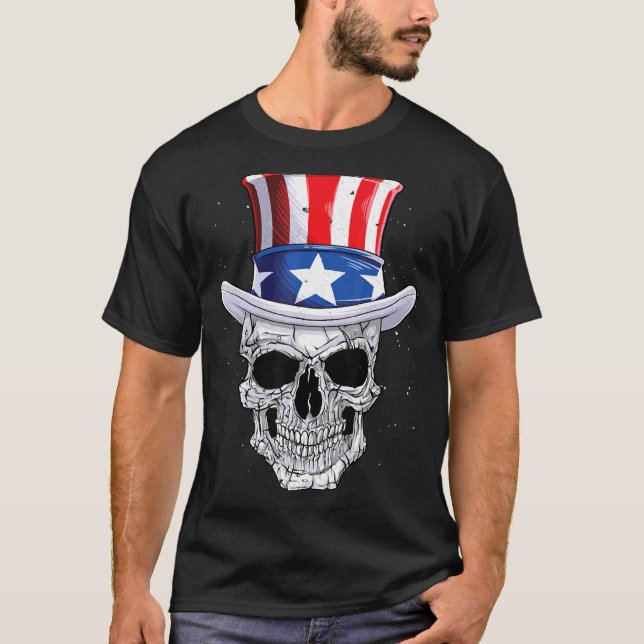 Patriotic Skull 4th July Uncle Sam Hat American Fl T-Shirt (Front)