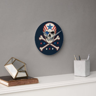 Patriotic Skull and Crossbones American Flag Round Clock