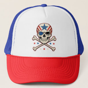 Patriotic Skull and Crossbones American Flag Trucker Hat