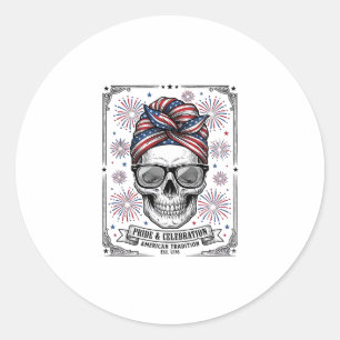 Patriotic Skull Fireworks Vintage Engraving Shirt_ Classic Round Sticker