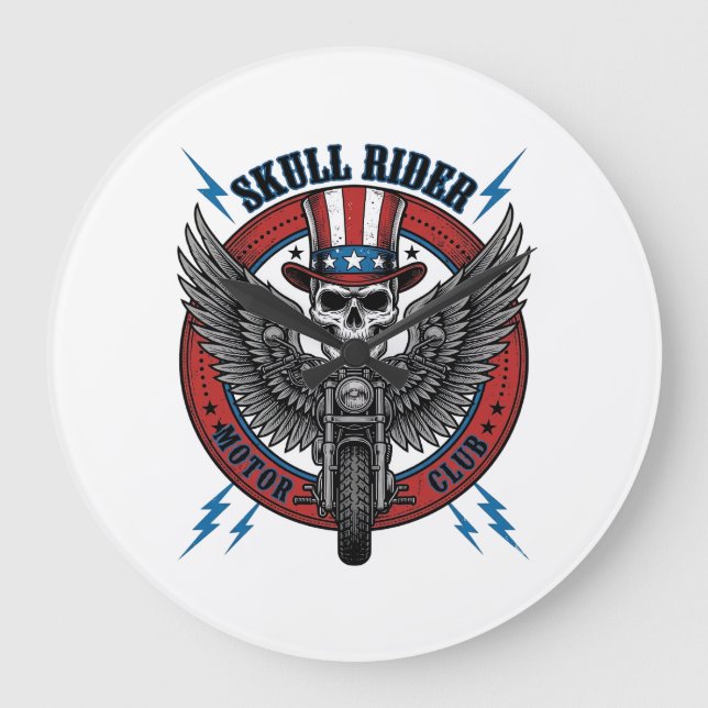 Patriotic Skull Motorcycle Eagle Vintage Large Clock (Front)