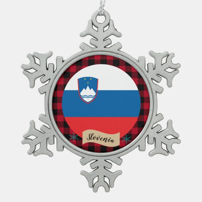 Patriotic Slovenia, buffalo plaid, Slovenian Flag Snowflake Pewter Christmas Ornament (Front)