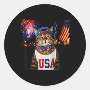 Patriotic Smoking Cat Funny 4th Of July Usa Flag Classic Round Sticker