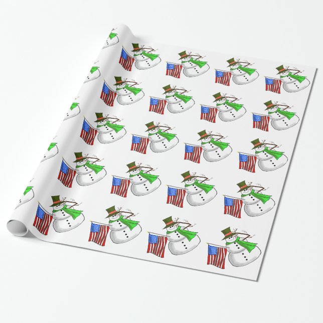 Patriotic Snowman Christmas Gift Wrap (Unrolled)