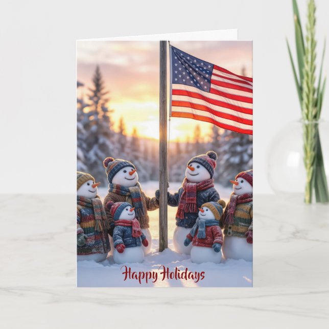 Patriotic Snowman Family With American Flag Card (Front)