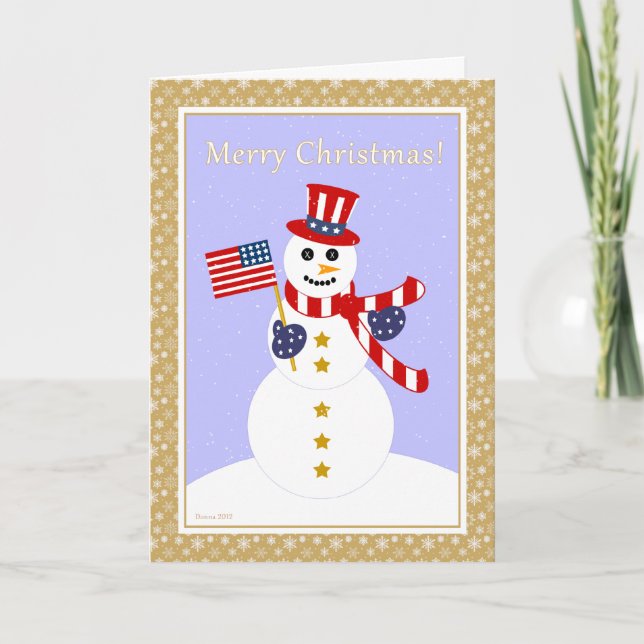 Patriotic Snowman & Flag Christmas Card (Front)