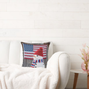 Patriotic Snowman With American Flag Cushion