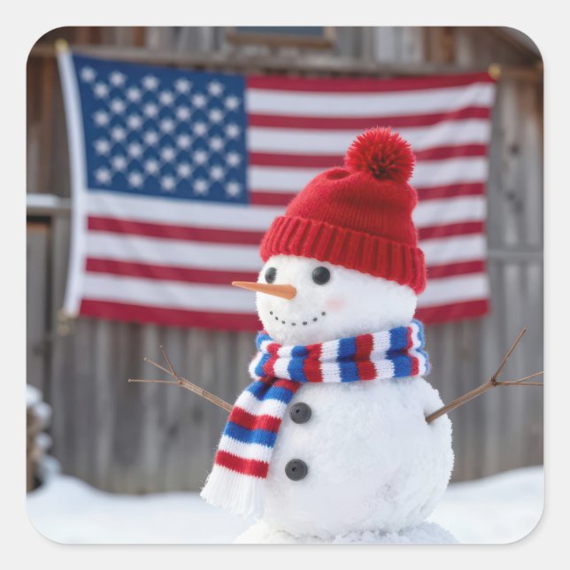 Patriotic Snowman With American Flag Square Sticker (Front)
