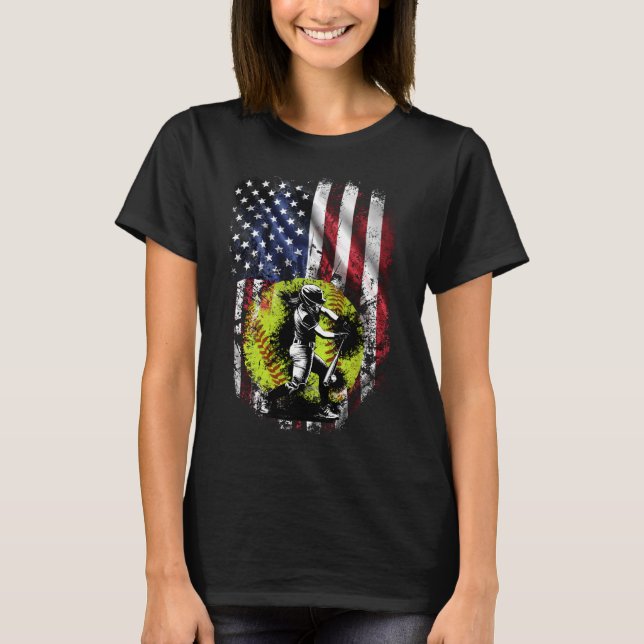 Patriotic Softball Batter with American Flag T-Shirt (Front)