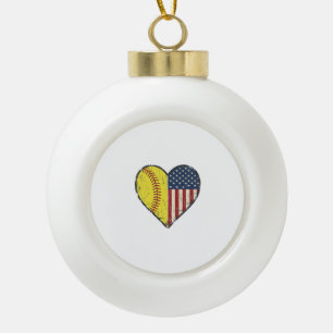 Patriotic Softball Heart Vintage Vector Design_1 Ceramic Ball Christmas Ornament