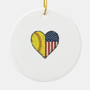 Patriotic Softball Heart Vintage Vector Design_1 Ceramic Ornament