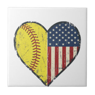 Patriotic Softball Heart Vintage Vector Design_1 Ceramic Tile