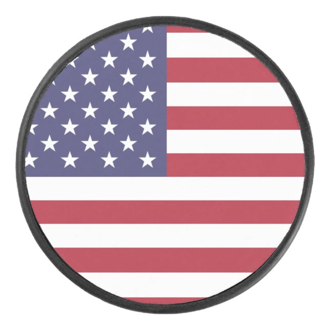 Patriotic special hockey puck with flag of USA. (Front)
