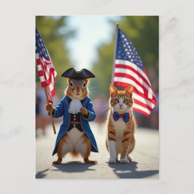 Patriotic Squirrel and Cat Holiday Postcard (Front)