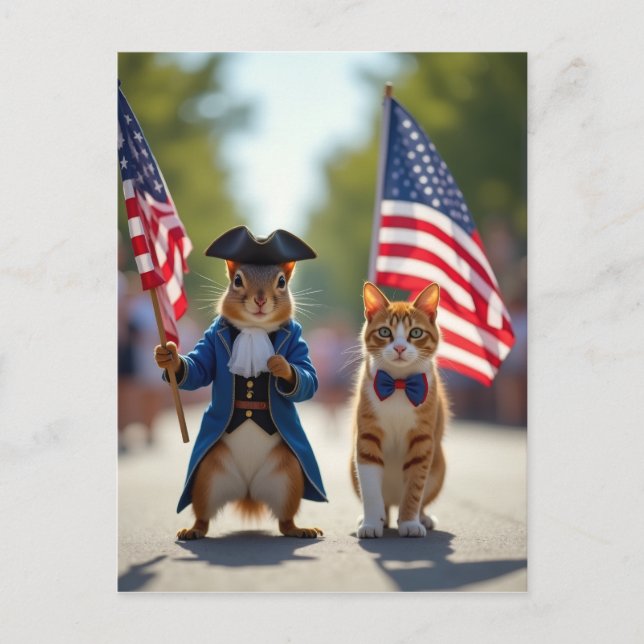 Patriotic Squirrel and Cat Postcard (Front)