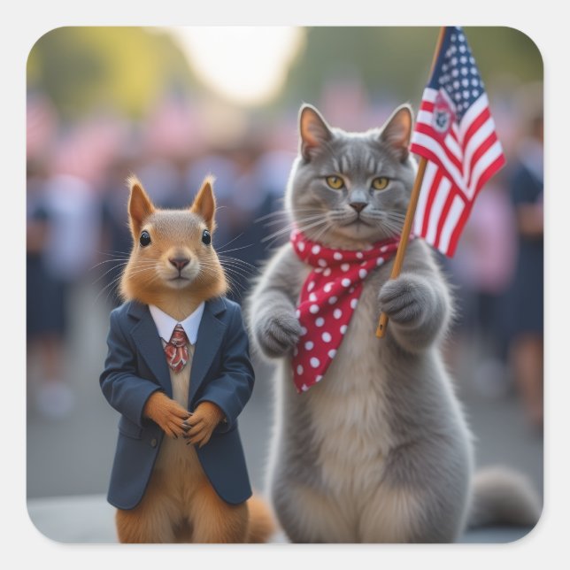 Patriotic Squirrel and Cat Square Sticker (Front)