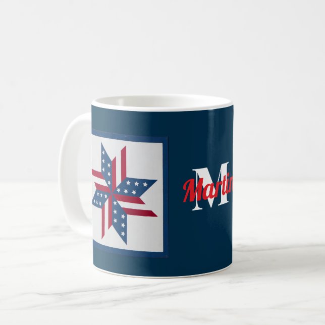 patriotic star pattern monogram red white blue  coffee mug (Front Left)