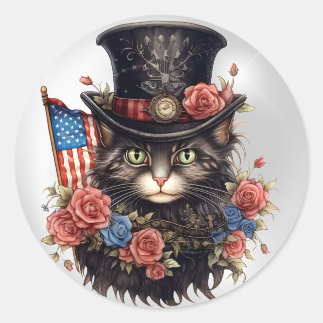 Patriotic Star Spangled Cat Classic Round Sticker (Front)