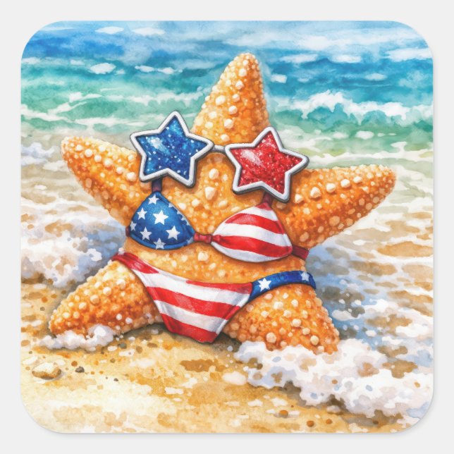 Patriotic Starfish in Beach Sand Square Sticker (Front)
