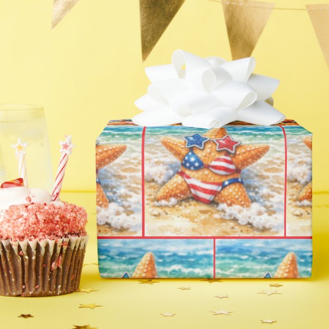 Patriotic Starfish in Beach Sand Wrapping Paper (Birthday Party)