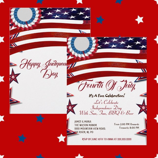 Patriotic Stars 4th July American Flag BBQ Party Invitation (Patriotic Stars 4th July American Flag BBQ Party Invitation)