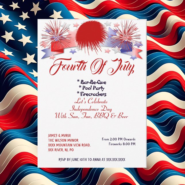 Patriotic Stars 4th July Firecrackers BBQ Party  Invitation (Patriotic Stars 4th July Firecrackers BBQ Party Invitation)