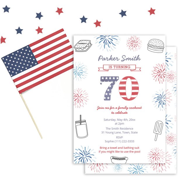 Patriotic Stars And Stripes 70th Birthday Party Invitation (70th Birthday Cookout BBQ Party invitation featuring red and blue fireworks against white background)