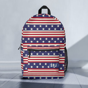 Patriotic Stars and Stripes American Flag Monogram Printed Backpack