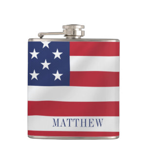 Patriotic Stars and Stripes Blue White USA Flag Hip Flask
