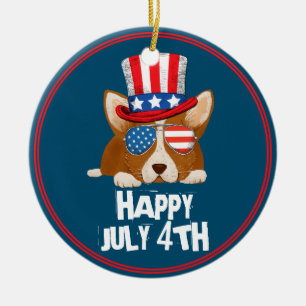 Patriotic Stars and Stripes Hat and Glasses Corgi Ceramic Ornament