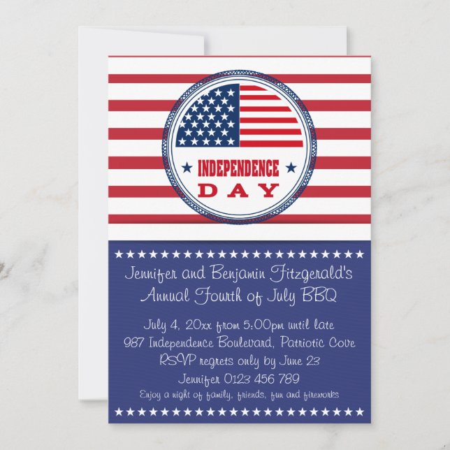 Patriotic Stars and Stripes July 4th BBQ Invitation (Front)