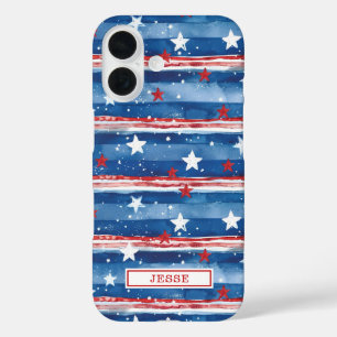Patriotic Stars and Stripes Monogrammed iPhone 16 Case