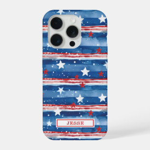 Patriotic Stars and Stripes Monogrammed iPhone 15 Pro Case