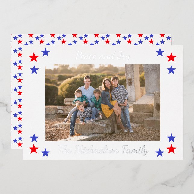 Patriotic Stars Family Photo Foil Holiday Card (Front/Back)