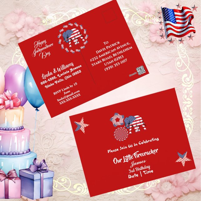Patriotic Stars Little Firecracker Birthday Invite Postcard (Patriotic Stars Little Firecracker Birthday Invite)