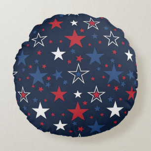 Patriotic  Stars on Navy Blue Seamless Pattern Round Cushion