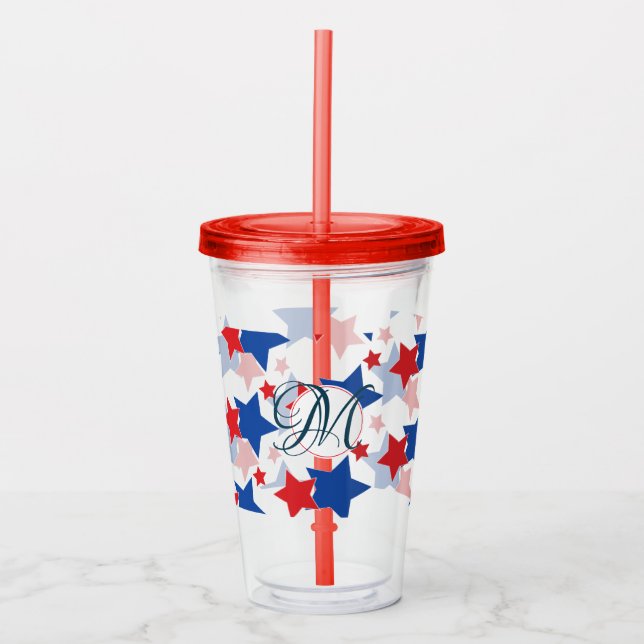 Patriotic Stars Pattern Monogram Custom Acrylic Tumbler (Front)
