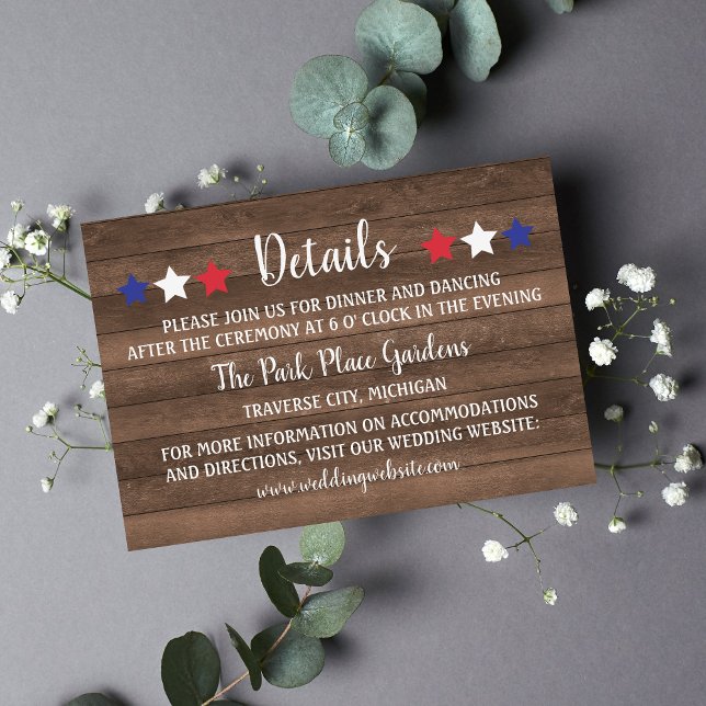 Patriotic Stars Rustic Fourth of July Details Enclosure Card (Creator Uploaded)