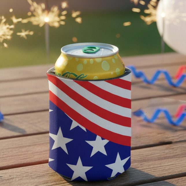 Patriotic Stars Stripes Red White Blue Can Cooler (Keep your drinks ice-cold and show your American pride this Independence Day. Perfect for BBQs)
