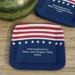 Patriotic Stars Stripes Red White Blue Square Paper Plate
