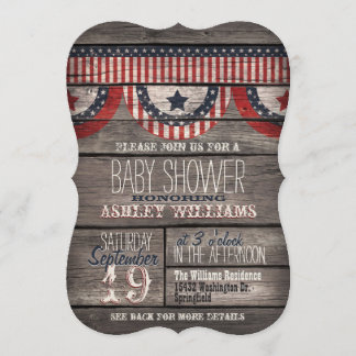 Patriotic Stars & Stripes Rustic Wood Baby Shower Invitation
