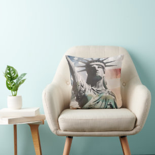 Patriotic Statue of Liberty and American Flag Cushion