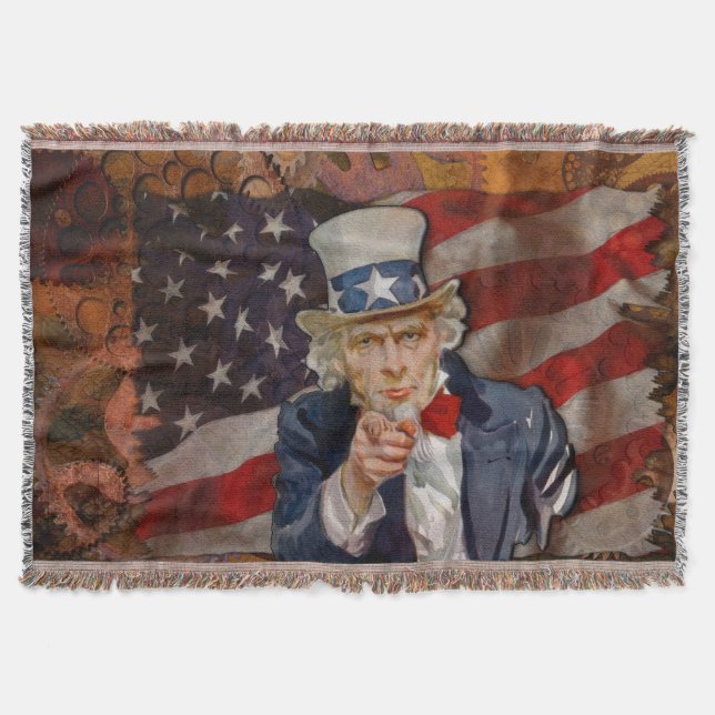 Patriotic Steampunk Sam & US Flag Throw Blanket (Front)