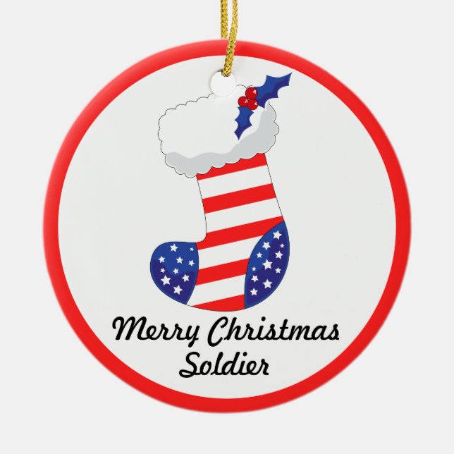 Patriotic Stocking - Merry Christmas Soldier Ceramic Ornament (Front)