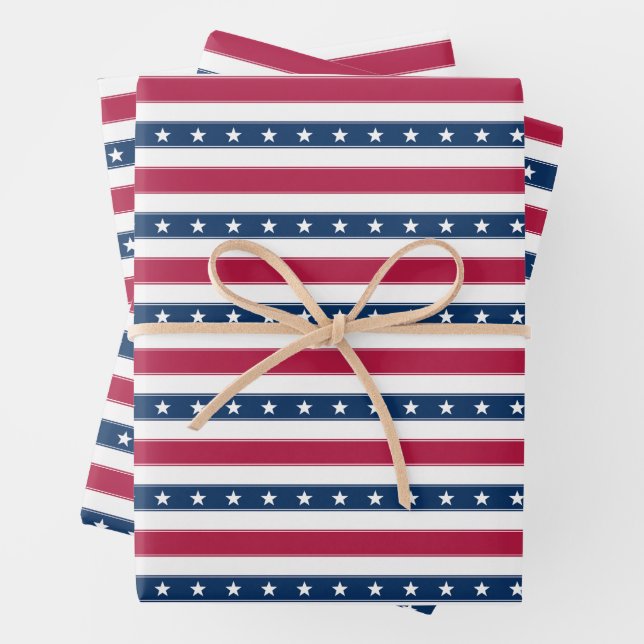 Patriotic Stripes with Stars (horizontal) Wrapping Paper Sheet (In situ)