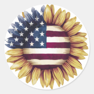 Patriotic Sunflower American Flag Rustic Classic Round Sticker