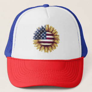 Patriotic Sunflower,Rustic American Flag Country  Trucker Hat
