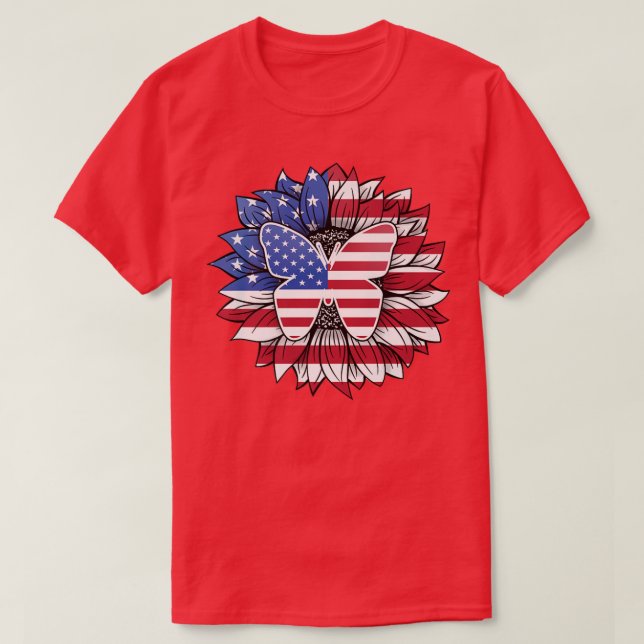 Patriotic Sunflower With Butterfly USA Flag 4th Of T-Shirt (Design Front)