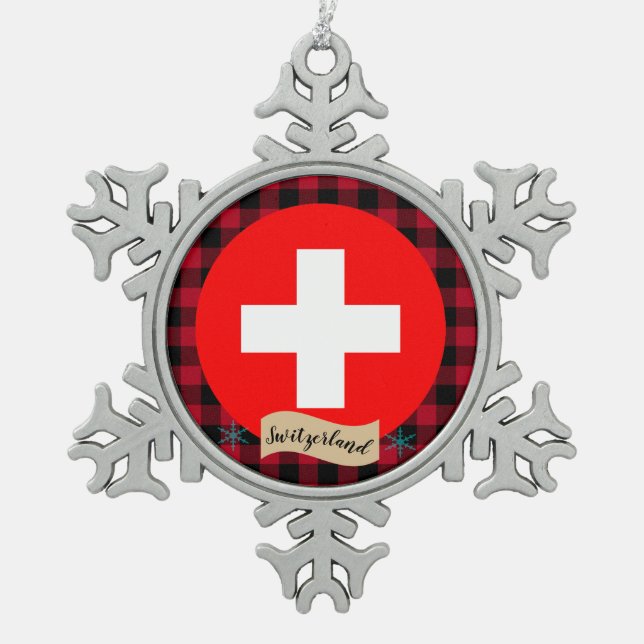 Patriotic Switzerland, buffalo plaid, Swiss Flag Snowflake Pewter Christmas Ornament (Front)